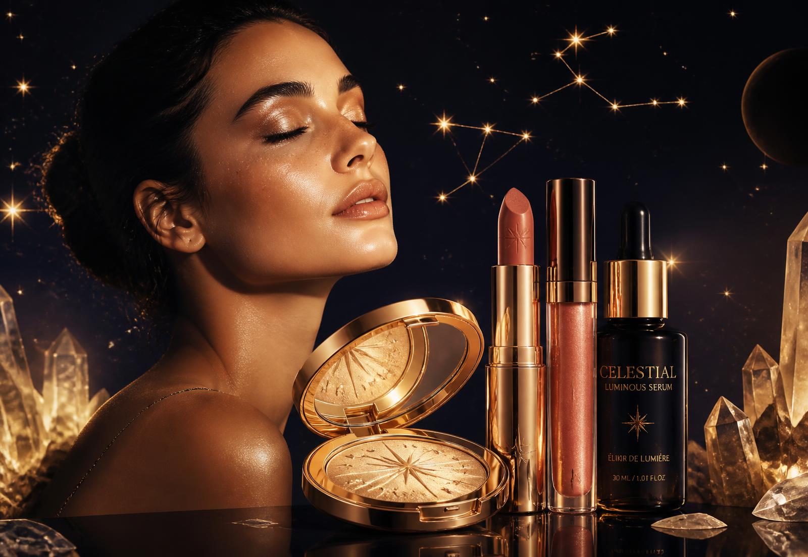 True Reveal Cosmetics gold compact, lipstick, gloss and luminous serum under a starlit sky